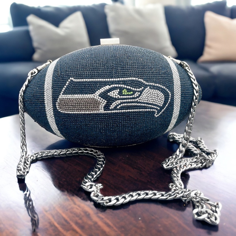Seattle Seahawks Rhinestone Football Purse, Custom Bling Clutch, Stadium bag